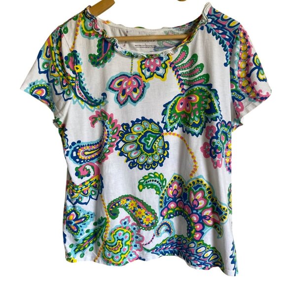 Talbots Size Large Pima Cotton Colorful Paisley Floral Print Ruffle Neck Top - Picture 1 of 6